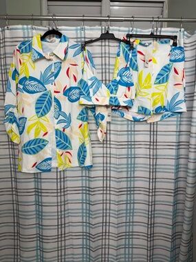 Tropical Leaf Button-Up & Shorts Set — White with Blue, Yellow & Red Leaves